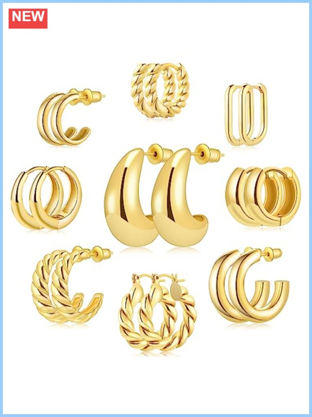 Gold Plated Hoop Earring Set 9 Pairs Lightweight Non Tarnish Women's Daily